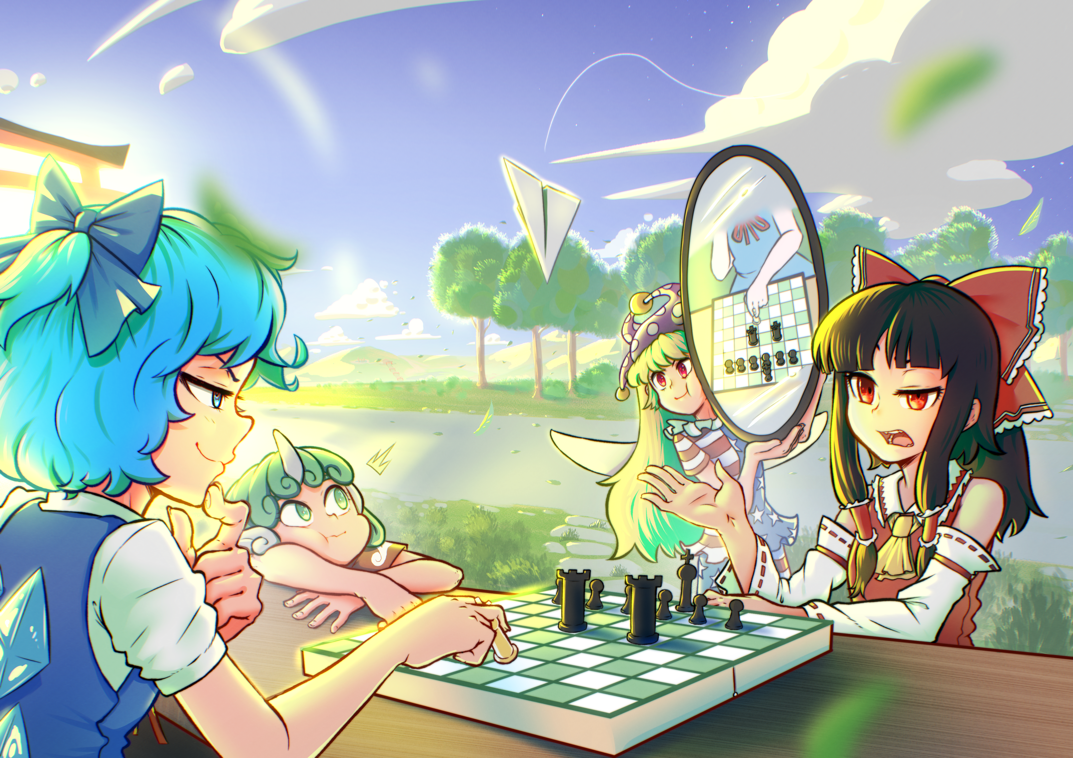 revenge (vengerezn), cirno, clownpiece, hakurei reimu, komano aunn, touhou, absurdres, commentary, english commentary, highres, 4girls, american flag, american flag dress, american flag legwear, american flag print, ascot, blue bow, blue dress, blue eyes, blue hair, blue sky, board game, bow, brown hair, chess, chess piece, closed mouth, cloud, curly hair, day, detached sleeves, detached wings, dress, fairy wings, falling leaves, flag print, frilled bow, frilled hair tubes, frills, green eyes, green hair, hair bow, hair tubes, hat, holding, holding mirror, horns, ice, ice wings, jester cap, leaf, long hair, mirror, multiple girls, neck ruff, open mouth, outdoors, paper airplane, polka dot, polka dot headwear, purple hat, red bow, red eyes, red shirt, reflection, ribbon-trimmed sleeves, ribbon trim, shirt, short sleeves, single horn, sky, smile, star (symbol), star print, striped clothes, striped dress, torii, tree, white shirt, wings, yellow ascot