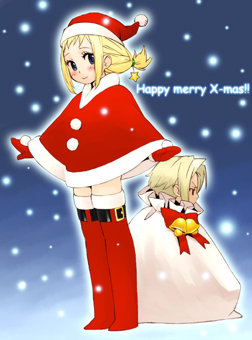jinroku, penelo, vaan (ff12), final fantasy, final fantasy xii, original, 00s, bell, blonde hair, blush stickers, boots, christmas, hat, mittens, red mittens, sack, santa costume, santa hat, snowing, standing, thigh boots, thighhighs