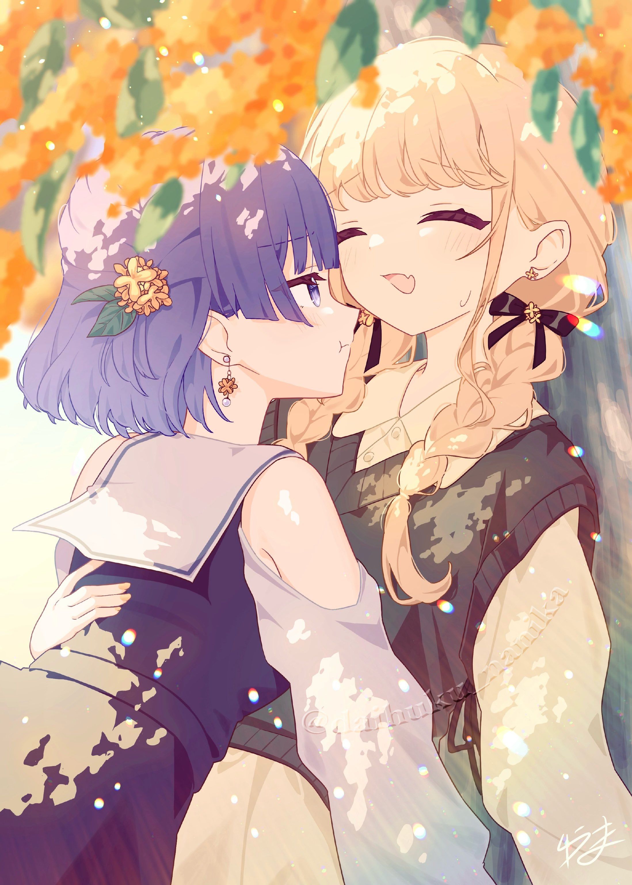 fujita kotone, hataya misuzu, gakuen idolmaster, idolmaster, absurdres, commentary request, highres, 2girls, black sweater vest, blonde hair, blush, braid, closed eyes, closed mouth, clothing cutout, daihuku nanika, day, earrings, fang, flower, hand on another's waist, jewelry, long hair, long sleeves, multiple girls, open mouth, orange flower, outdoors, pout, purple eyes, purple hair, purple shirt, sailor collar, shirt, short hair, shoulder cutout, skin fang, sweat, sweater vest, twin braids, white sailor collar, yellow shirt, yuri