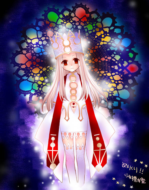 tuki, illyasviel von einzbern, fate/stay night, fate (series), 00s, 1girl, crown, dress of heaven, female focus, solo, stole, thighhighs, white thighhighs
