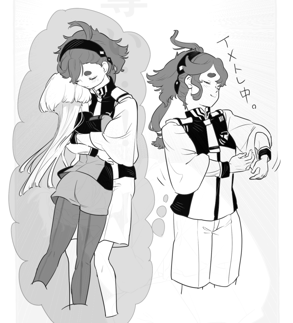 5kawa8gi, miorine rembran, suletta mercury, gundam, gundam suisei no majo, 2girls, asticassia school uniform, blush, greyscale, hairband, hug, imagining, jacket, long hair, long sleeves, monochrome, multiple girls, pantyhose, pantyhose under shorts, ponytail, school uniform, shorts, smile, thick eyebrows, yuri