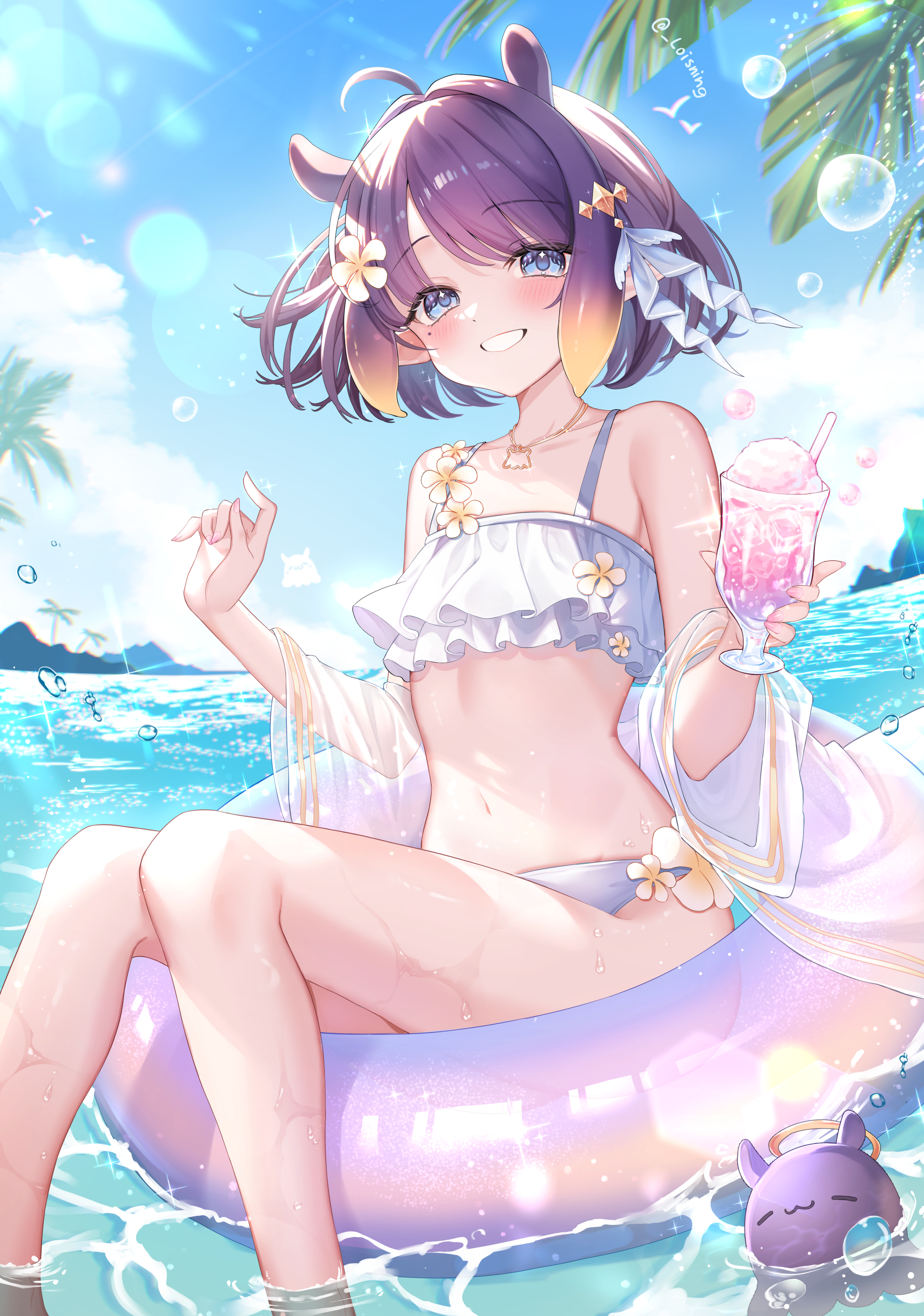 loisning, ninomae ina'nis, ninomae ina'nis (holonatsu paradise), takodachi (ninomae ina'nis), hololive, hololive english, holonatsu paradise, absurdres, commentary, english commentary, highres, 1girl, :d, bikini, blue eyes, cup, day, flat chest, flower, frilled bikini, frills, gradient hair, grin, hair flower, hair ornament, holding, holding cup, holding pen, jewelry, knees together feet apart, looking at viewer, multicolored hair, navel, necklace, ocean, official alternate costume, on innertube, open mouth, orange hair, outdoors, pen, pointy ears, purple hair, see-through clothes, short hair, sidelocks, sitting, smile, soaking feet, stomach, swept bangs, swimsuit, swimsuit cover-up, tentacle hair, virtual youtuber, white bikini