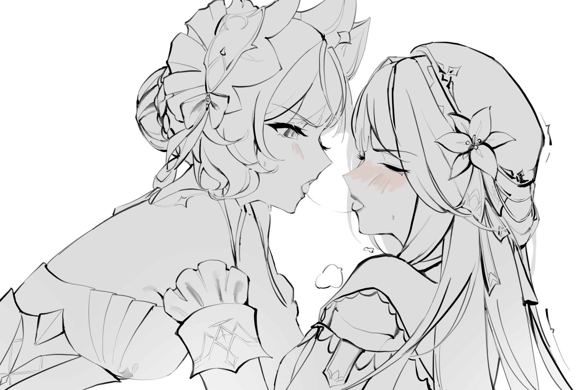 rui717 z, herta (honkai: star rail), sandrone (genshin impact), honkai: star rail, honkai (series), commentary, english commentary, highres, 2girls, bare shoulders, blush, closed eyes, flower, greyscale, hair flower, hair ornament, long hair, long sleeves, monochrome, multiple girls, saliva, saliva trail, spot color, tongue, tongue out, yuri