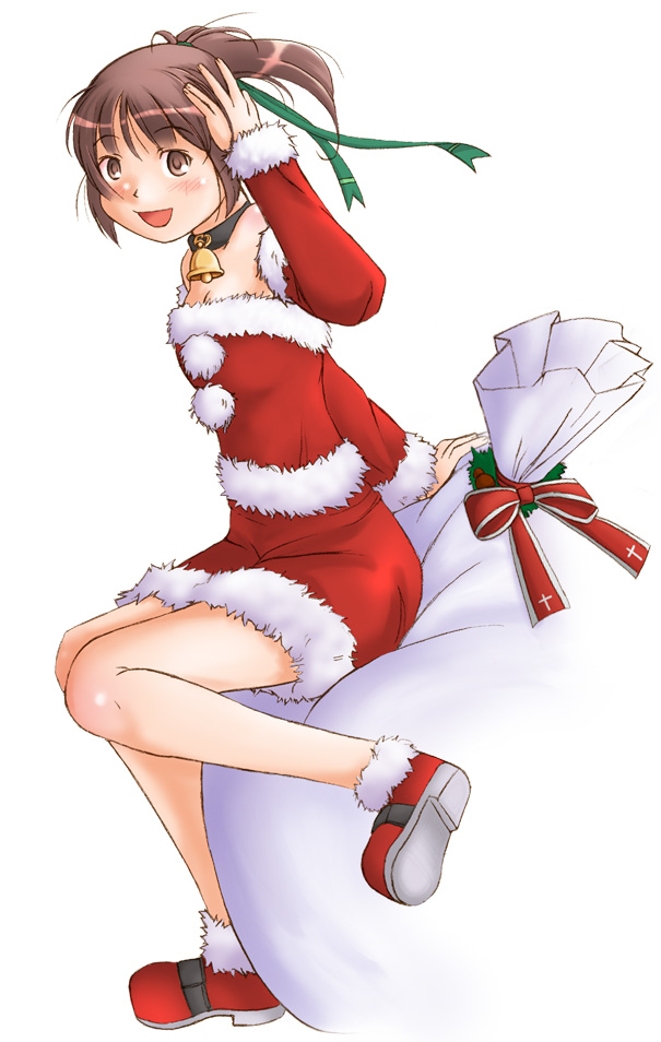 nyazui, sakino asuka, kimi kiss, 1girl, brown hair, christmas, female focus, open mouth, ponytail, santa costume, solo