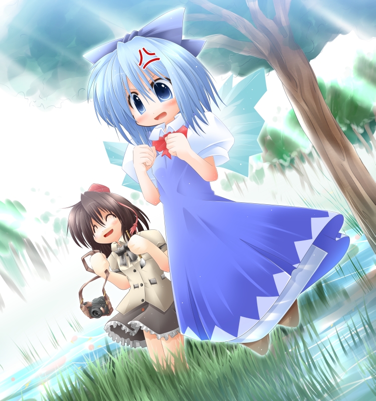 kso, cirno, shameimaru aya, touhou, brush, 2girls, ^ ^, anger vein, angry, black ribbon, black skirt, blue bow, blue eyes, blue hair, bow, bowtie, brown hair, buttons, camera, clenched hands, closed eyes, fairy, female focus, frilled skirt, frills, grass, hair bow, hat, ice, ice wings, multiple girls, nature, neck ribbon, open mouth, paintbrush, puffy short sleeves, puffy sleeves, red bow, red bowtie, ribbon, shirt, short hair, short sleeves, skirt, skirt set, tokin hat, tree, water, white shirt, wings