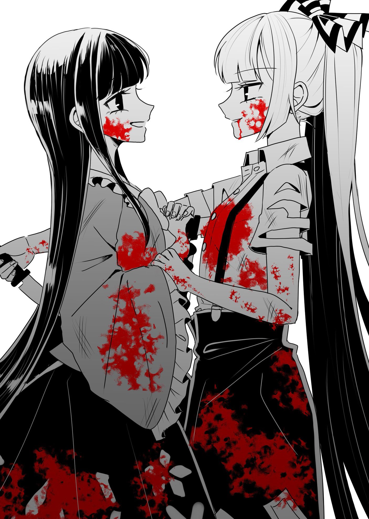 tamiko (tamik0224), fujiwara no mokou, houraisan kaguya, touhou, commentary request, highres, 2girls, blood, blood from mouth, blood on arm, blood on clothes, blood on hands, blunt bangs, bow, collared shirt, eye contact, face-to-face, flat chest, frilled shirt collar, frilled skirt, frilled sleeves, frills, hair bow, high ponytail, holding, holding knife, knife, long hair, long skirt, long sleeves, looking at another, multiple girls, ofuda, ofuda on clothes, open mouth, pants, ponytail, shirt, short sleeves, sidelocks, simple background, skirt, smile, spot color, stab, suspenders, torn clothes, torn shirt, very long hair, white background, wide sleeves, yuri