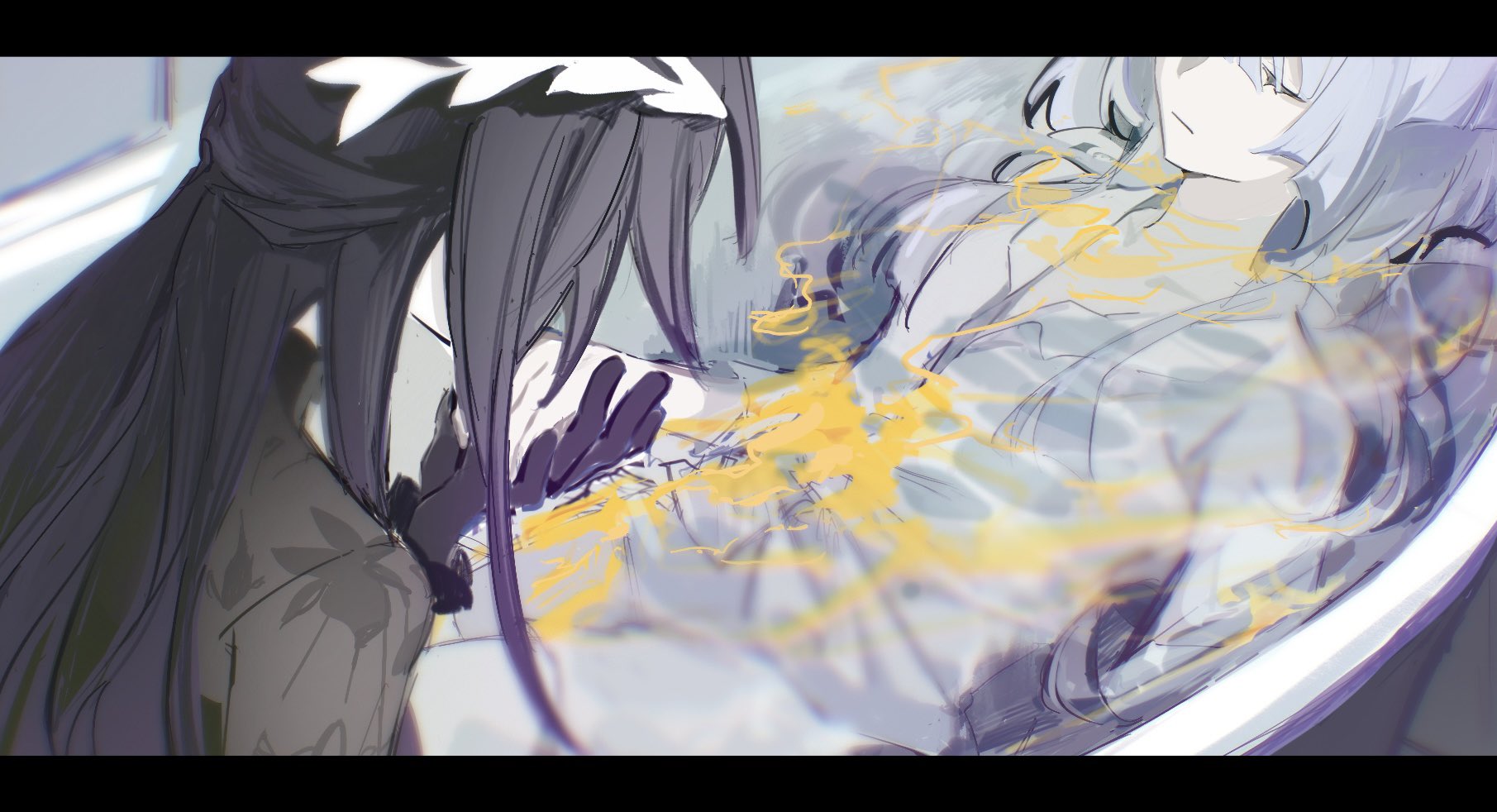 meiyoumingzidesan, cerydra (honkai: star rail), hysilens (honkai: star rail), honkai: star rail, honkai (series), highres, 2girls, bathtub, black gloves, black hair, blood in water, blue hair, closed eyes, gloves, long hair, multiple girls, partially submerged, yellow blood