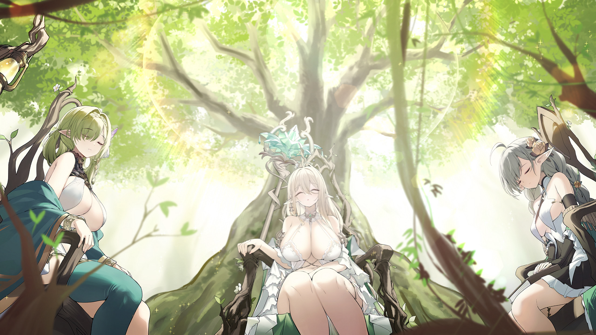 de zeven provincien (azur lane), evertsen (azur lane), gouden leeuw (azur lane), azur lane, game cg, highres, non-web source, 3girls, asymmetrical legwear, bikini, bird, blonde hair, blue flower, breasts, cape, chain, chair, cleavage, closed eyes, collarbone, detached sleeves, dress, earrings, elf, flower, gem, gold trim, green flower, green hair, green leaf, grey hair, groin, hair between eyes, hair ornament, halterneck, jewelry, lamp, leaf, long hair, multiple girls, pointy ears, sitting, staff, sunlight, swimsuit, tree, white dress, wooden chair