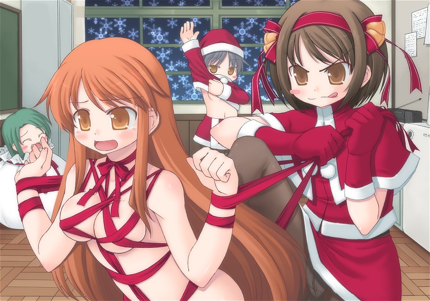 amamiya minato, asahina mikuru, nagato yuki, suzumiya haruhi, tsuruya, suzumiya haruhi no yuuutsu, 00s, 4girls, :p, bdsm, bell, blush stickers, bondage, bound, brown eyes, brown hair, chibi, choker, christmas, dressing, hair bell, hair ornament, hair ribbon, jingle bell, long hair, multiple girls, naked ribbon, orange hair, panties, panties under pantyhose, pantyhose, ribbon, ribbon bondage, ribbon choker, santa costume, short hair, tongue, tongue out, underwear, very long hair, white panties, yellow eyes