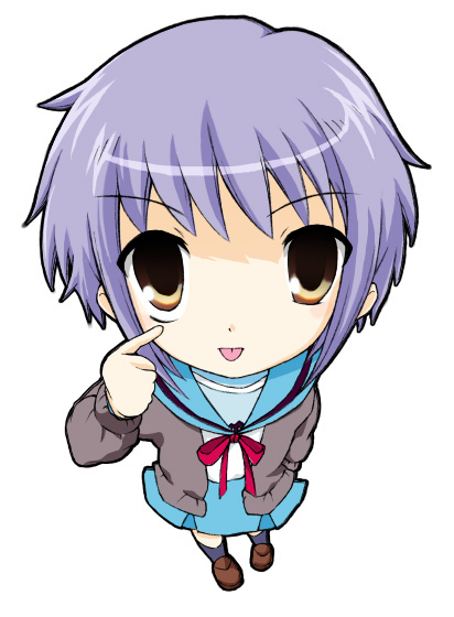 shima (artron), nagato yuki, suzumiya haruhi no yuuutsu, eyebrows, 00s, 1girl, :p, akanbe, blue skirt, bow, brown shoes, cardigan, chibi, eyelid pull, female focus, full body, kneehighs, long sleeves, miniskirt, neck ribbon, open cardigan, open clothes, purple hair, red bow, red ribbon, ribbon, school uniform, serafuku, shoes, short hair, simple background, skirt, socks, solo, tongue, tongue out, white background, yellow eyes