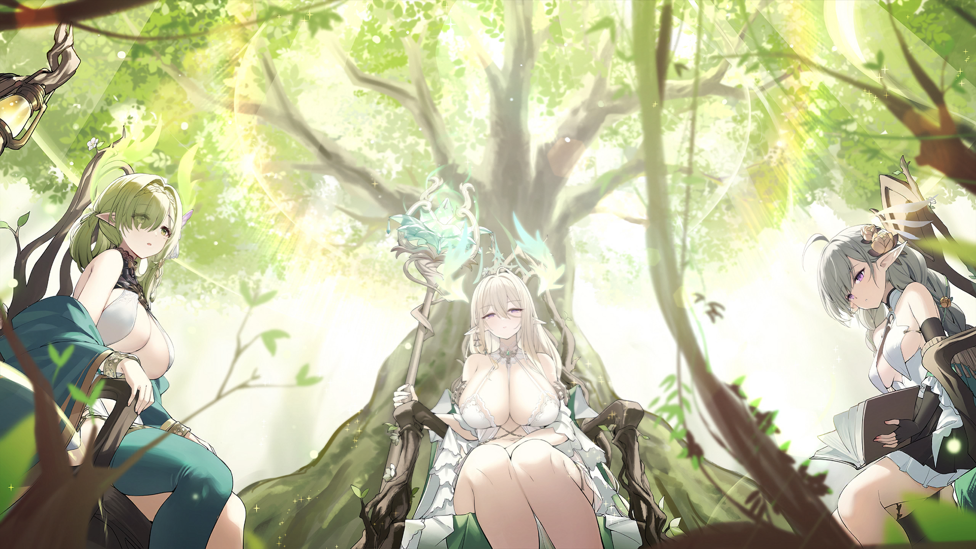 de zeven provincien (azur lane), evertsen (azur lane), gouden leeuw (azur lane), azur lane, game cg, highres, non-web source, 3girls, asymmetrical legwear, bikini, bird, blonde hair, blue flower, book, breasts, cape, chain, chair, cleavage, collarbone, detached sleeves, dress, earrings, elf, flower, gem, gold trim, green eyes, green flower, green hair, green leaf, grey hair, groin, hair between eyes, hair ornament, halo, halterneck, holding, holding book, holding staff, jewelry, lamp, leaf, long hair, multiple girls, pointy ears, purple eyes, sitting, staff, sunlight, swimsuit, tree, white dress, wooden chair