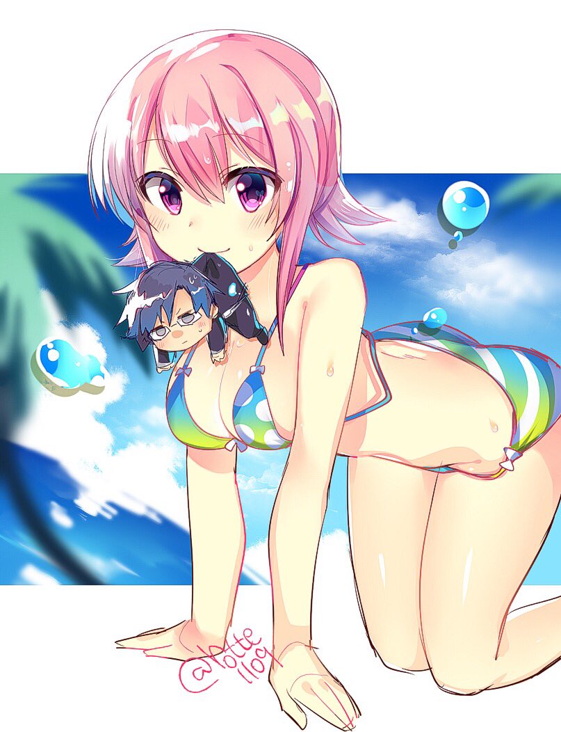 rotte (1109), miyashiro takuru, onoe serika, chaos;child, science adventure, 1boy, 1girl, arm support, beach, bikimi, bikini, blue sky, blurry, blurry background, blush, breasts, cleavage, day, glasses, hekiho academy school uniform, holding with mouth, kneeling, looking at viewer, mouth hold, outdoors, pink eyes, pink hair, school uniform, short hair, sky, smile, striped bikini, striped clothes, swimsuit, wet