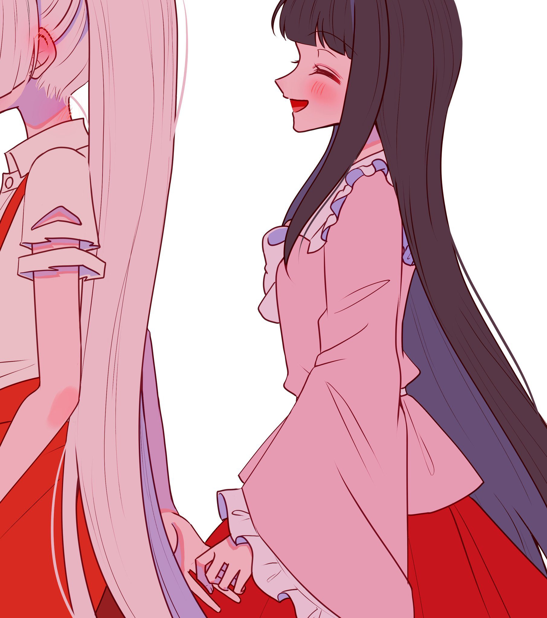 tamiko (tamik0224), fujiwara no mokou, houraisan kaguya, touhou, commentary request, highres, 2girls, blush, bow, bowtie, brown hair, closed eyes, collared shirt, ear blush, grey hair, holding hands, long hair, long sleeves, multiple girls, open mouth, pants, pink shirt, red pants, red skirt, shirt, short sleeves, simple background, skirt, smile, suspenders, torn clothes, torn sleeves, very long hair, white background, white bow, white bowtie, white shirt, wide sleeves, yuri