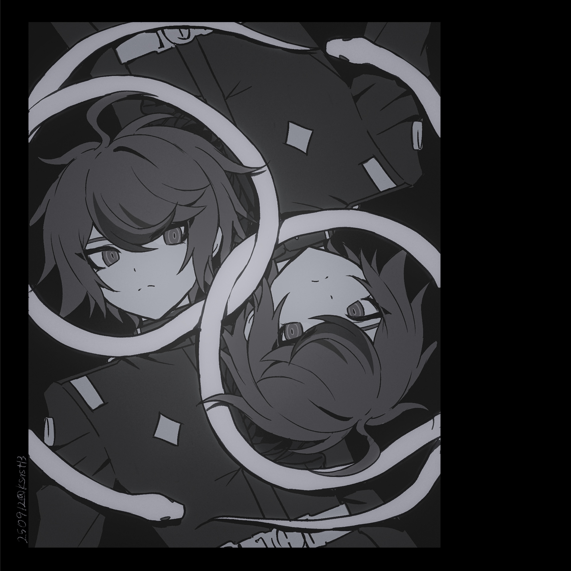 hai (haihki), sumino takumi, the hundred line -last defense academy-, commentary, highres, symbol-only commentary, 1boy, animal, border, closed mouth, dated, greyscale, hair between eyes, jacket, last defense academy school uniform, male focus, monochrome, multicolored hair, multiple views, school uniform, snake, symmetry, twitter username
