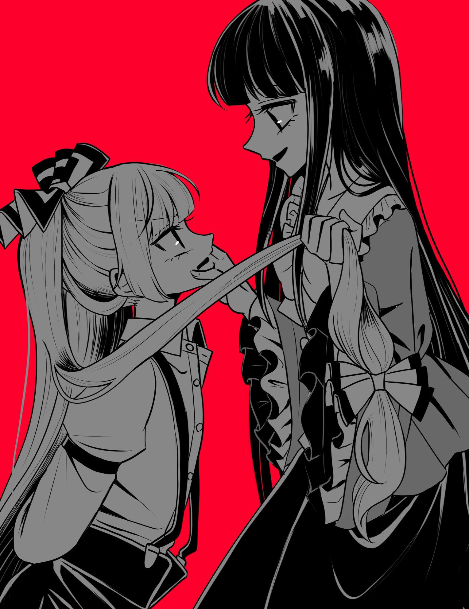 tamiko (tamik0224), fujiwara no mokou, houraisan kaguya, touhou, commentary request, highres, 2girls, bow, bowtie, collared shirt, eye contact, frilled shirt collar, frilled skirt, frills, greyscale with colored background, hair bow, hand on another's face, holding another's hair, long hair, long sleeves, looking at another, multiple girls, open mouth, red background, shirt, simple background, skirt, smile, suspenders, very long hair, wide sleeves