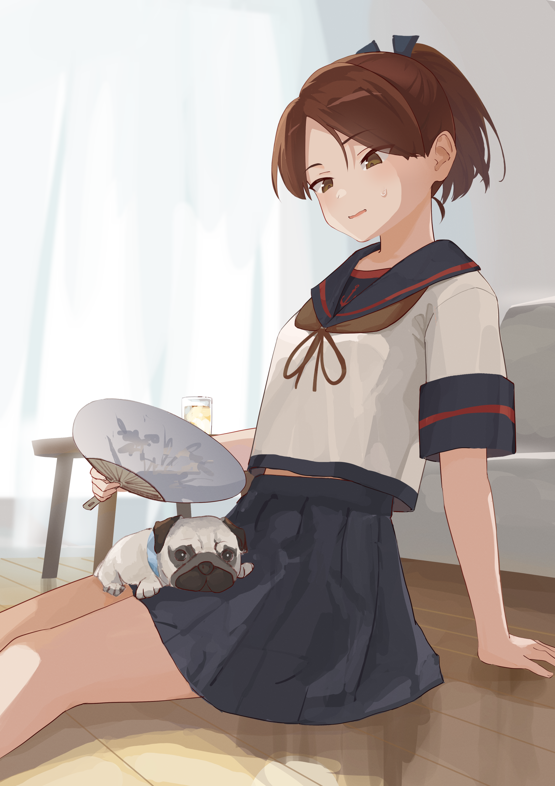yuu+, shikinami (kancolle), shikinami kai ni (kancolle), kantai collection, absurdres, commentary request, commission, highres, skeb commission, 1girl, animal, animal on lap, black ribbon, brown eyes, brown hair, cup, dog, dog on lap, hair ribbon, hand fan, indoors, on floor, on lap, pleated skirt, ponytail, pug, ribbon, sailor collar, school uniform, serafuku, short sleeves, sitting, skirt, solo, table