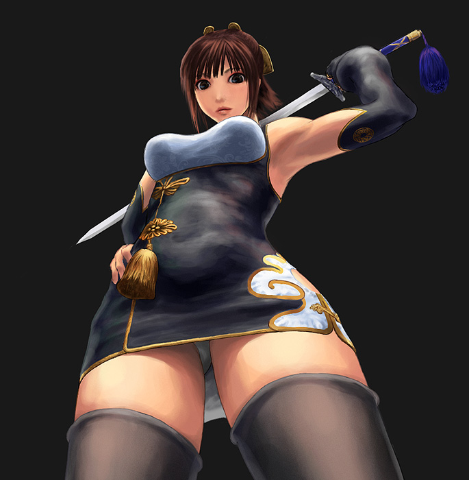 micchii (mitchiee), mitchiee, chai xianghua, soul calibur, soulcalibur, soulcalibur iii, 1girl, alternate costume, armpits, black thighhighs, brown eyes, brown hair, female focus, from below, jian (weapon), looking at viewer, miniskirt, panties, pantyshot, short hair, skirt, solo, sword, tassel, thighhighs, underwear, upskirt, weapon, white panties, zettai ryouiki