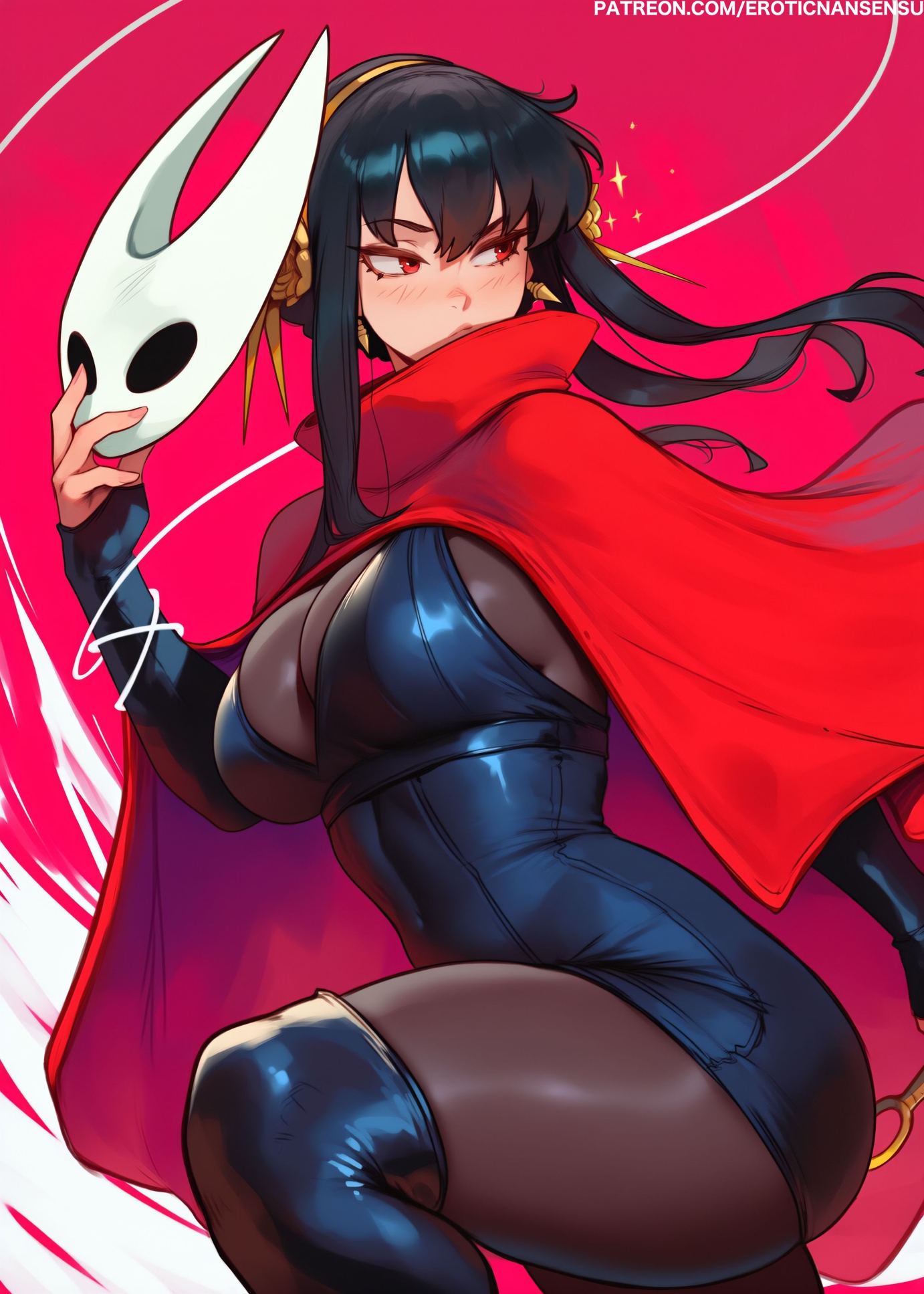 erotic nansensu, hornet (hollow knight), yor briar, hollow knight, hollow knight: silksong, spy x family, absurdres, highres, 1girl, black bodysuit, black hair, bodysuit, breasts, character mask, cloak, cosplay, covered navel, hair up, hairband, holding, holding mask, holding weapon, horned mask, hornet (hollow knight) (cosplay), large breasts, mask, multicolor background, multiple views, red cloak, red eyes, sidelocks, weapon, white hairband, white mask