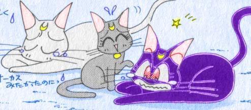 artemis (sailor moon), diana (sailor moon), luna (sailor moon), bishoujo senshi sailor moon, lowres, non-web source, 1990s (style), black cat, cat, crescent, crescent facial mark, facial mark, flat color, no humans, retro artstyle, snow