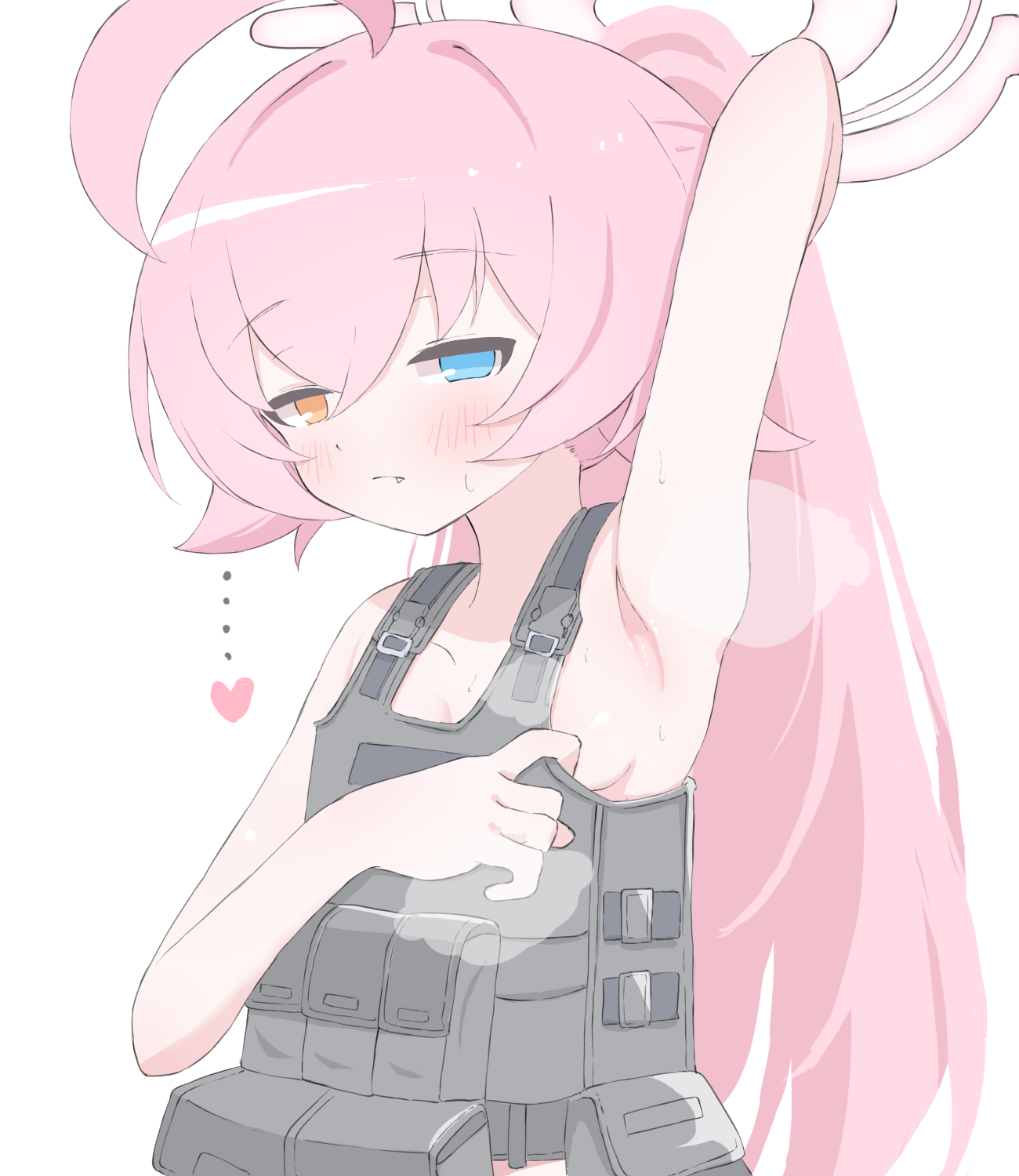 norippe (user zgsf8872), hoshino (blue archive), blue archive, commentary request, highres, …, 1girl, ahoge, arm behind head, arm up, armpits, blue eyes, breasts, closed mouth, fang, fang out, hair between eyes, halo, hand up, heart, heterochromia, light frown, long hair, orange eyes, ponytail, sideboob, simple background, small breasts, solo, steam, very long hair, white background