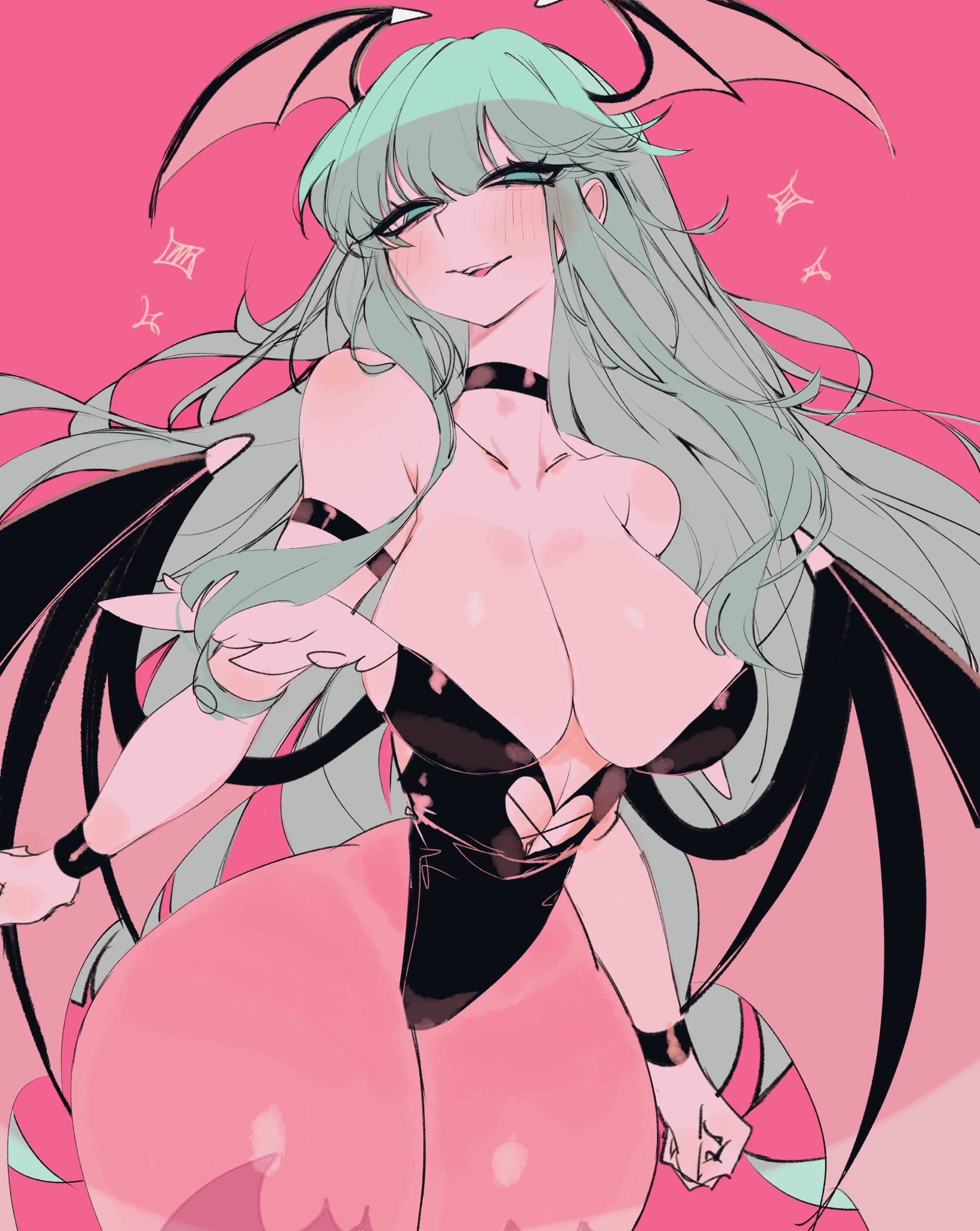 usa37107692, morrigan aensland, darkstalkers, highres, 1girl, aqua eyes, aqua hair, arm strap, armlet, black armlet, black choker, black leotard, blunt bangs, breasts, choker, cleavage, clothing cutout, collarbone, demon girl, demon wings, elbow gloves, eyelashes, from below, fur trim, gloves, head wings, heart cutout, huge breasts, jewelry, leotard, long hair, looking at viewer, narrow waist, narrowed eyes, navel cutout, pantyhose, pink pantyhose, sagging breasts, solo, standing, thick thighs, thighs, very long hair, wings