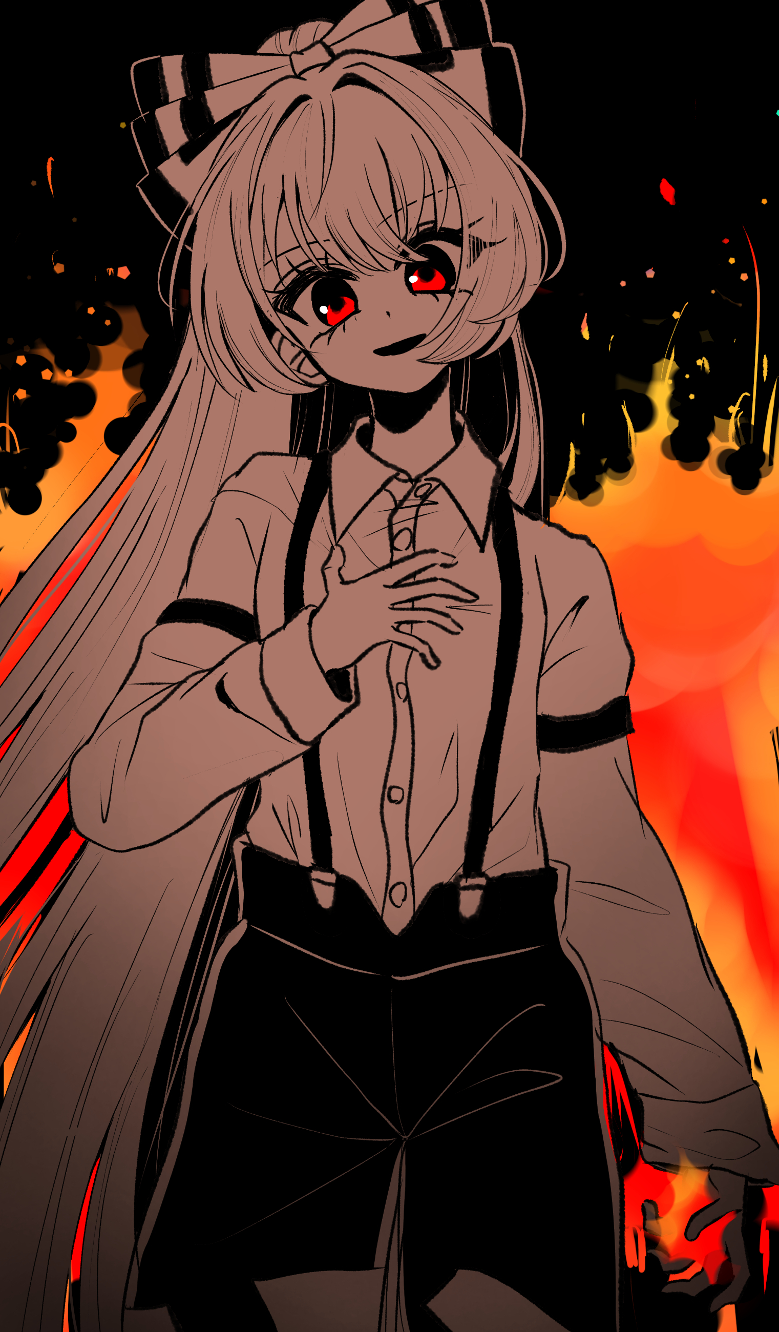 tamiko (tamik0224), fujiwara no mokou, touhou, absurdres, commentary request, highres, 1girl, bow, collared shirt, fire, hair bow, long hair, long sleeves, looking at viewer, open mouth, pants, pyrokinesis, red eyes, shirt, smile, solo, suspenders, very long hair