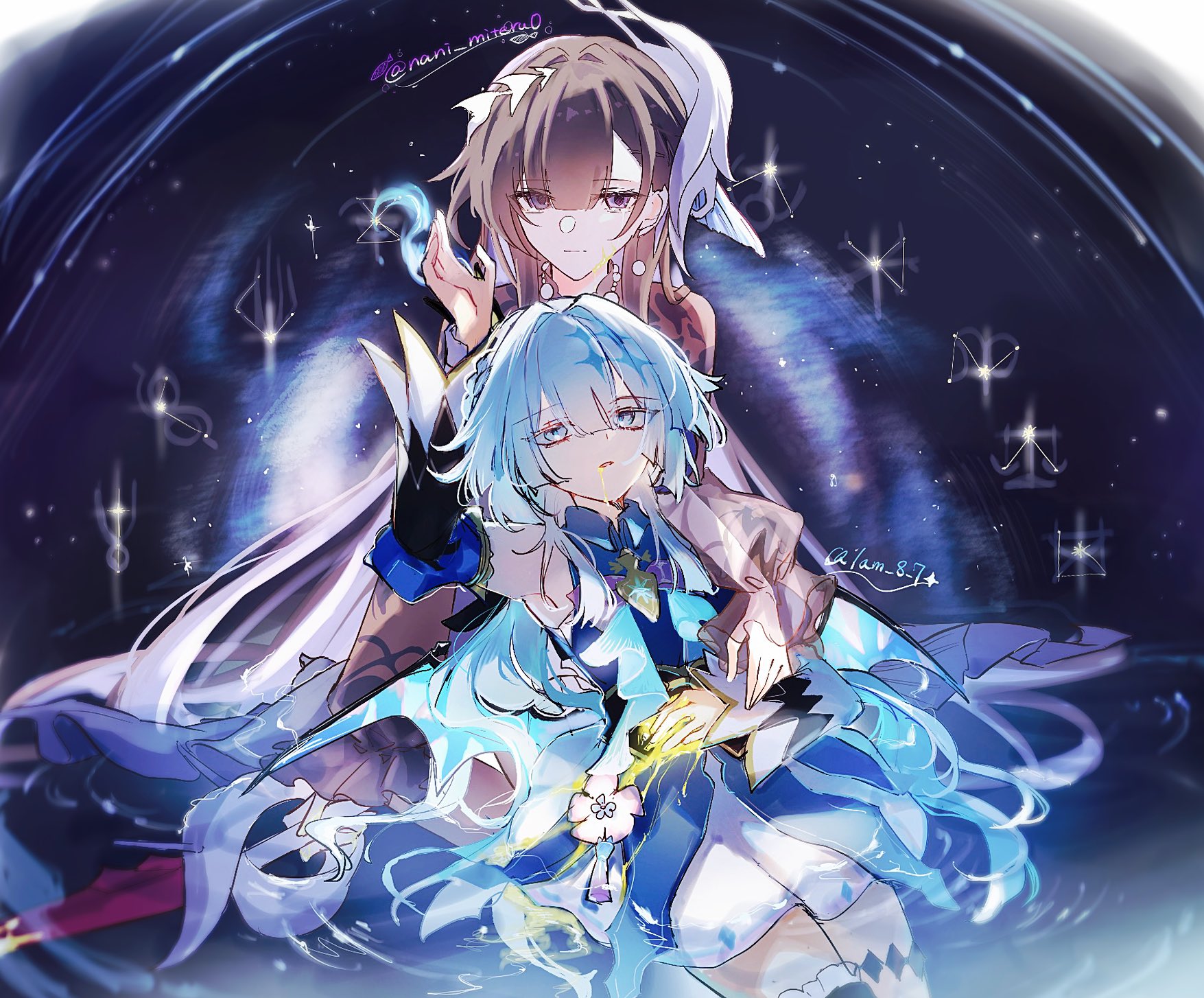 cerydra (honkai: star rail), hysilens (honkai: star rail), honkai: star rail, honkai (series), highres, 2girls, arm around waist, black hair, blood, blood from mouth, blue dress, blue eyes, blue hair, detached sleeves, dress, long hair, multiple girls, nani miteru0, outstretched arm, partially submerged, purple eyes, tearing up, twitter username, yellow blood