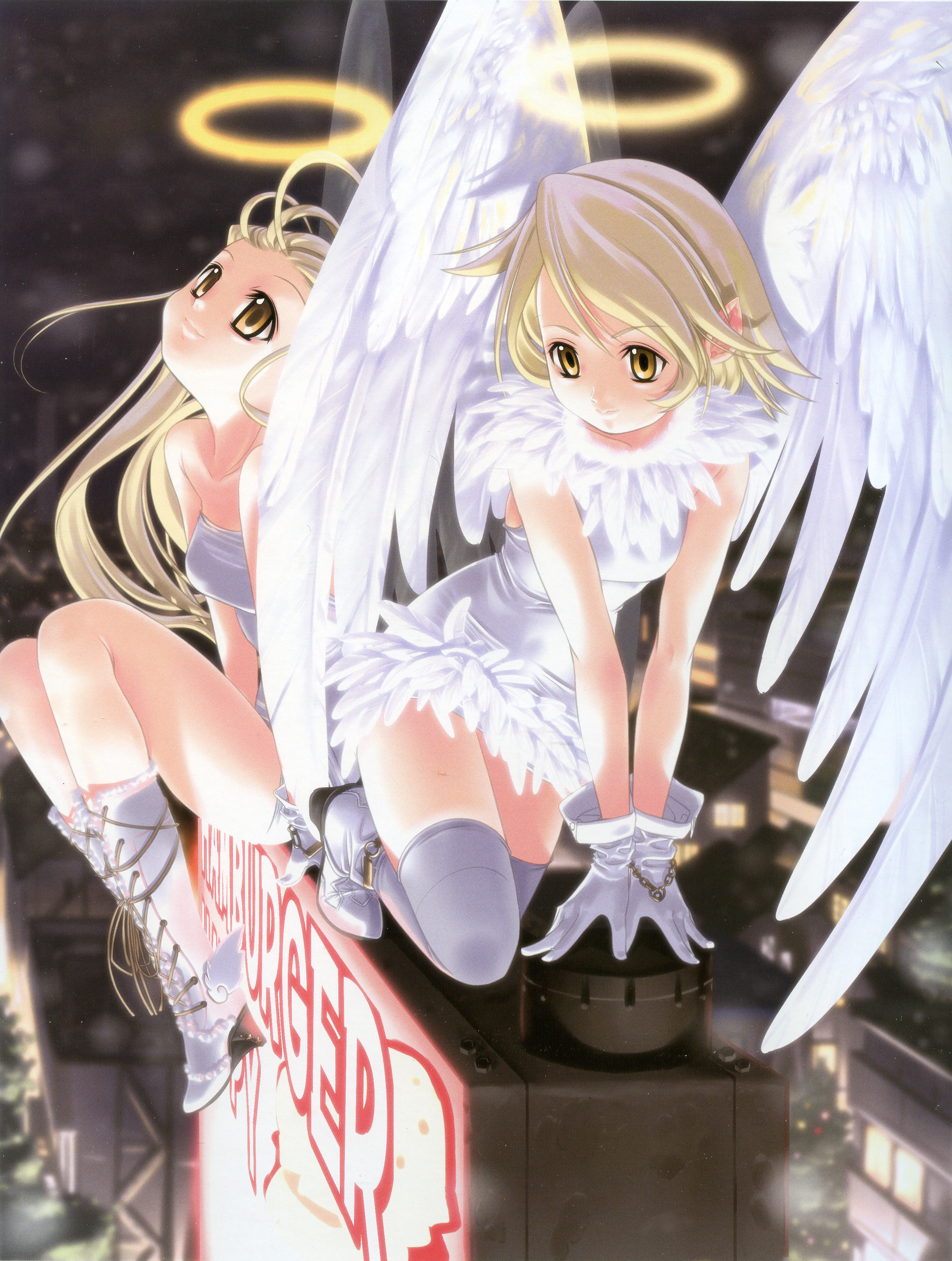sumomo kpa, absurdres, highres, non-web source, 2girls, angel, blonde hair, boots, dress, gloves, halo, multiple girls, thighhighs, traditional halo, white theme, wings, yellow eyes, zettai ryouiki