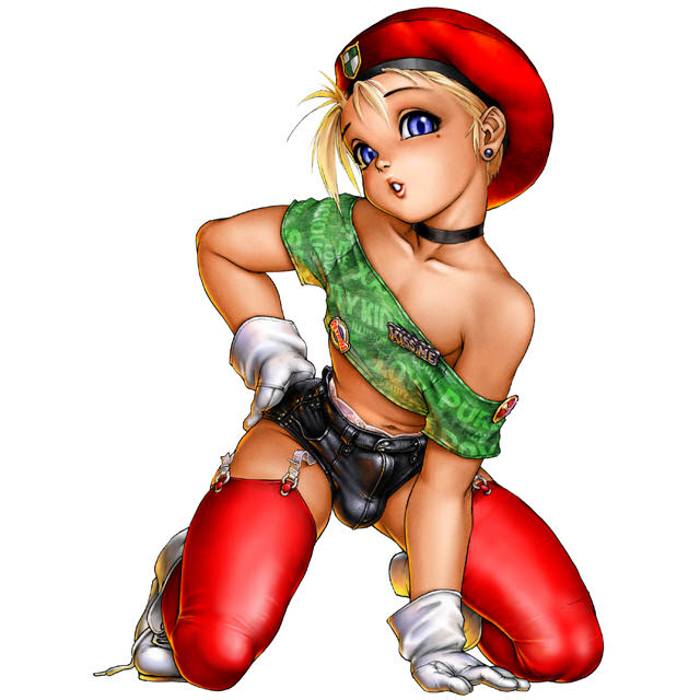 po-ju, cammy white, capcom, original, street fighter, 1boy, androgynous, bare shoulders, beret, blonde hair, blue eyes, bulge, cammy white (cosplay), choker, collarbone, cosplay, crossdressing, crossdressing (mtf), ear piercing, earrings, english text, full body, gloves, hand on own hip, hat, hip focus, jewelry, kneeling, lips, male focus, mole, navel, piercing, shoes, short shorts, shorts, shota, simple background, solo, tan, thighhighs, trap, white background