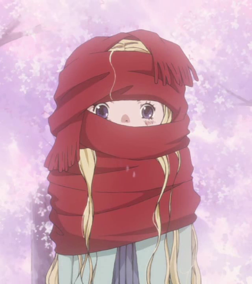 hanamoto hagumi, honey and clover, anime screenshot, non-web source, 00s, 1girl, arms at sides, blonde hair, blue jacket, blush, covered mouth, female focus, fringe trim, jacket, long hair, looking at viewer, open clothes, open jacket, purple eyes, red scarf, scarf, solo, tree, upper body, wavy hair