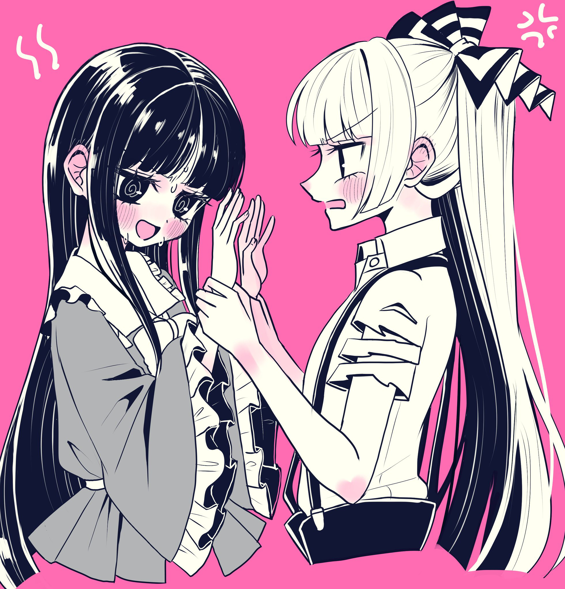 tamiko (tamik0224), fujiwara no mokou, houraisan kaguya, touhou, commentary request, highres, 2girls, @ @, anger vein, black hair, blush, bow, bowtie, collared shirt, ear blush, frilled shirt collar, frills, hair bow, hime cut, holding another's wrists, long hair, long sleeves, multiple girls, open mouth, pants, pink background, shirt, short sleeves, simple background, smile, suspenders, sweat, torn clothes, torn sleeves, very long hair, white hair, wide sleeves, yuri
