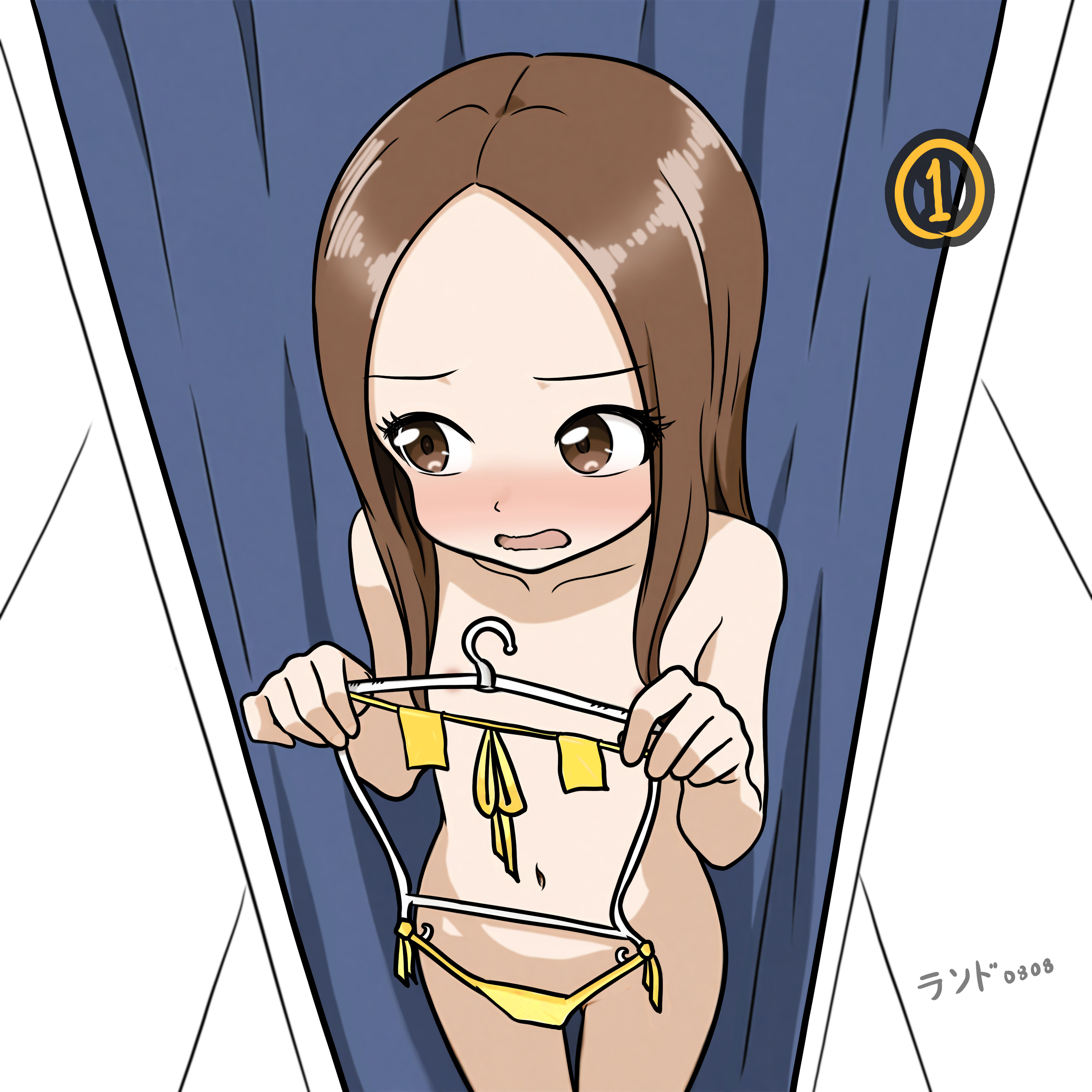 lander0808, takagi-san, karakai jouzu no (moto) takagi-san, karakai jouzu no takagi-san, absurdres, highres, tagme, areola slip, bikini, blush, brown eyes, brown hair, collarbone, completely nude, convenient censoring, curtains, embarrassed, feet out of frame, fitting room, flat chest, holding, holding bikini, indoors, long hair, looking to the side, nude, open mouth, swimsuit, thigh gap