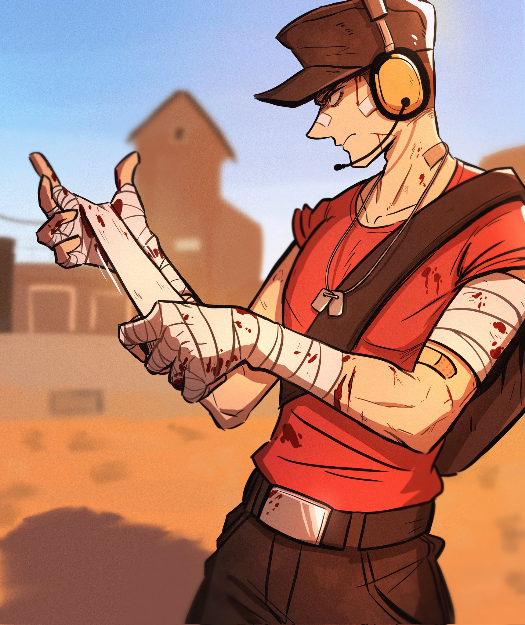 antchan54, scout (tf2), team fortress 2, highres, 1boy, bag, bandaged arm, bandages, bandaid, bandaid on arm, bandaid on neck, belt, black bag, black pants, blood, blood on face, bloody bandages, closed mouth, day, dog tags, from side, hat, headphones, headset, male focus, outdoors, pants, profile, red shirt, shirt, sky, solo