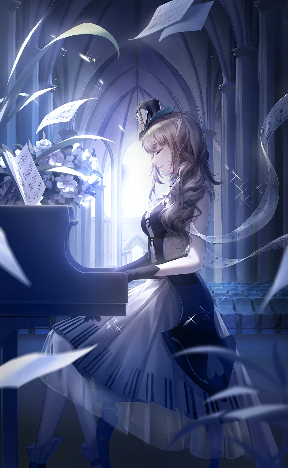 nikki (series), shining nikki, game cg, highres, official art, 1girl, arch, black-white encounter (shining nikki), black dress, black gloves, black hat, blurry, blurry foreground, breasts, brown hair, chair, closed eyes, copyright name, day, dress, flower, gloves, hat, indoors, instrument, lips, logo, lolory (shining nikki), long hair, medium breasts, music, musical note, piano, playing instrument, sheet music, smile, solo, sunlight, timestamp
