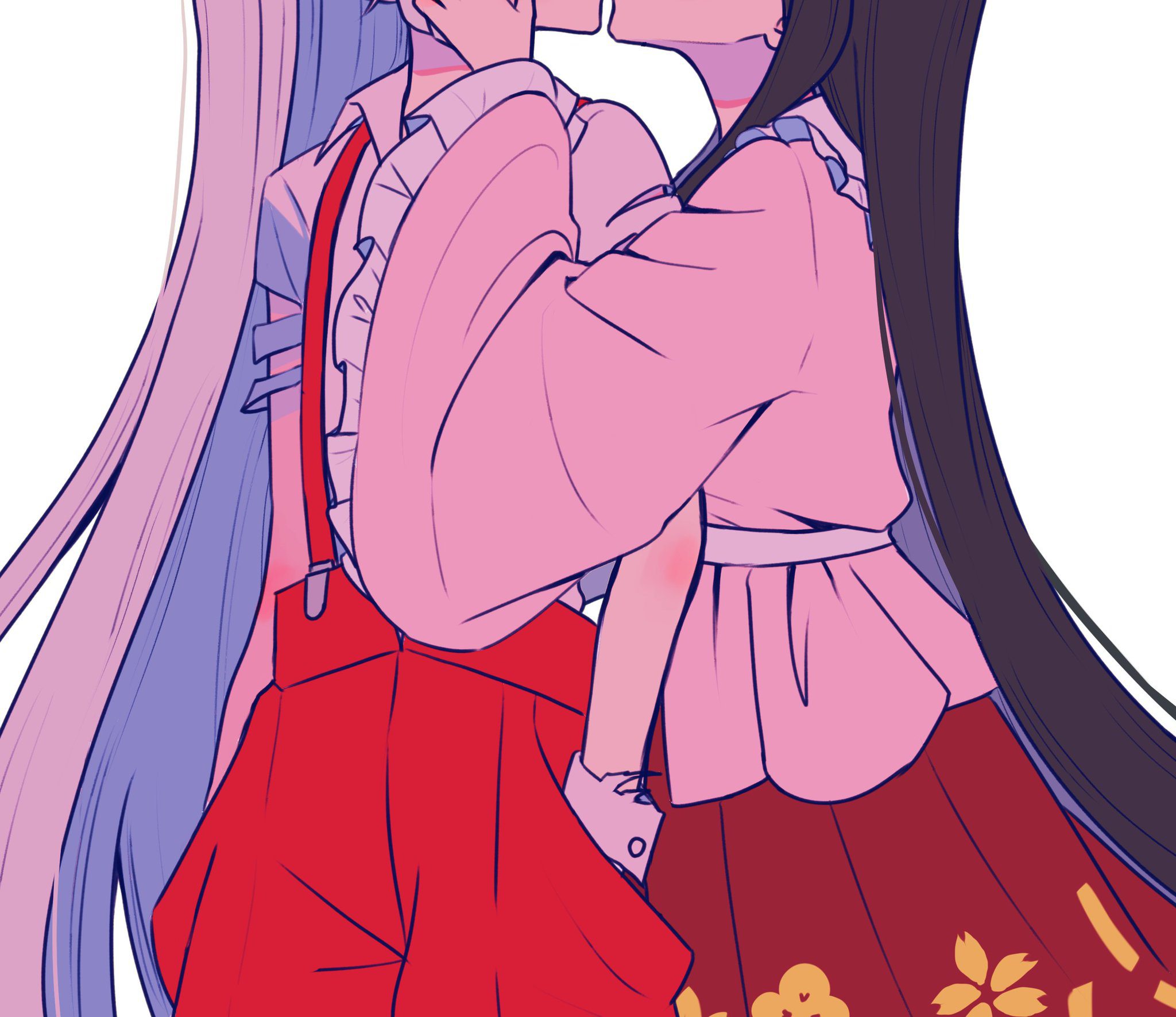 tamiko (tamik0224), fujiwara no mokou, houraisan kaguya, touhou, commentary request, highres, 2girls, collared shirt, frilled sleeves, frills, grey hair, hand on another's cheek, hand on another's face, hands in pockets, imminent kiss, long hair, long sleeves, multiple girls, pants, pink shirt, red pants, red skirt, shirt, short sleeves, simple background, skirt, suspenders, torn clothes, torn sleeves, very long hair, white background, white shirt, wide sleeves, yuri