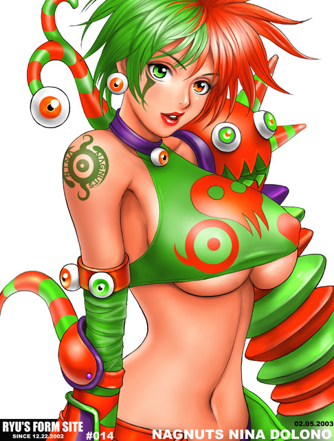 ryu (ryu's form site), 1girl, breasts, dated, female focus, halterneck, heterochromia, large breasts, multicolored hair, solo, split-color hair, tattoo, underboob