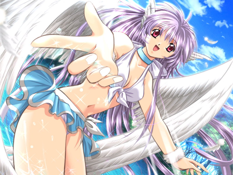 yamamoto kazue, lucy fouque, men at work! 2, game cg, non-web source, 1girl, :d, angel, angel wings, bikini, breasts, choker, cleavage, day, dutch angle, feathers, female focus, frilled bikini, frills, long hair, medium breasts, open mouth, pink eyes, purple eyes, sky, smile, solo, splashing, swimsuit, very long hair, water, white bikini, wings