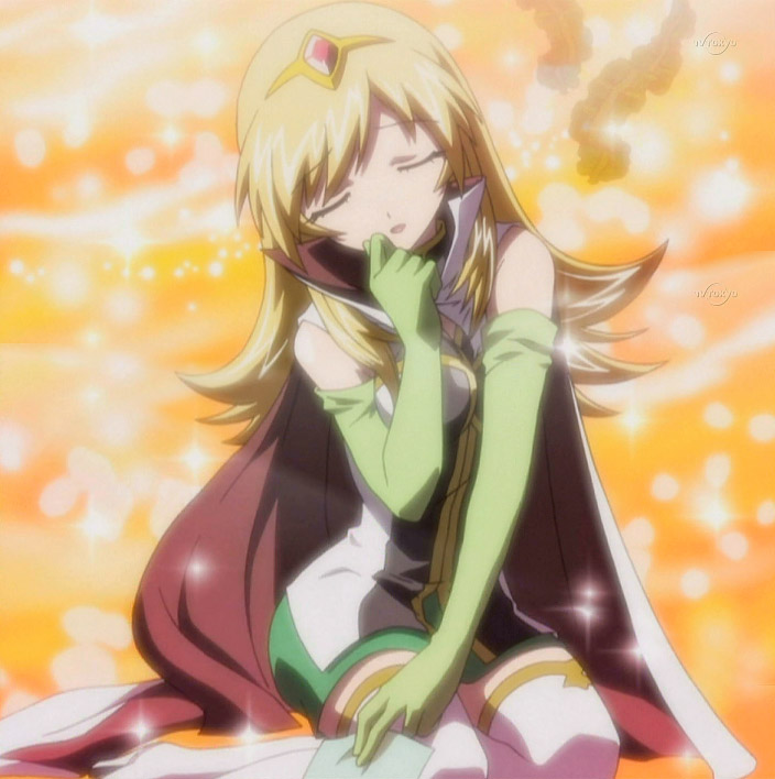 kahlua marjoram, broccoli (company), galaxy angel, galaxy angel rune, anime screenshot, non-web source, 00s, 1girl, blonde hair, boots, cape, closed eyes, elbow gloves, female focus, gloves, long hair, solo, thigh boots, thighhighs, tiara