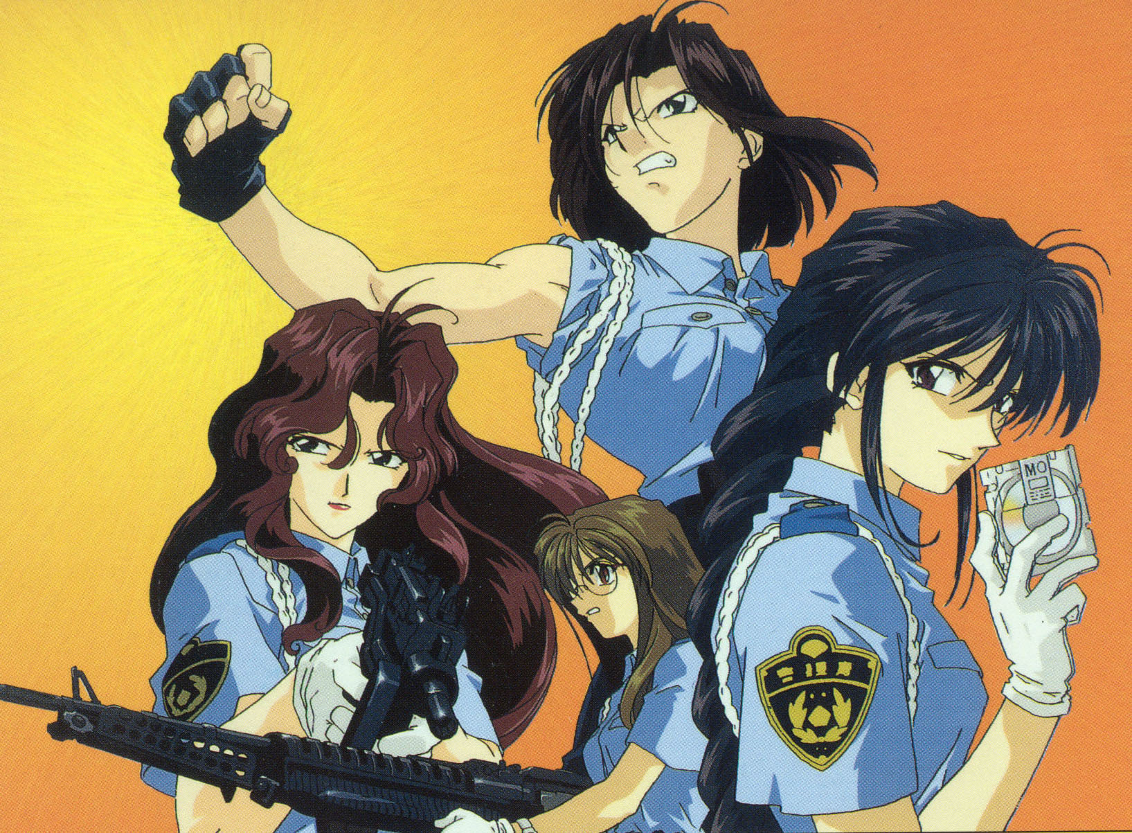 nakajima atsuko, type6, aoi futaba, kobayakawa miyuki, nikaido yoriko, tsujimoto natsumi, taiho shichauzo, highres, non-web source, official art, 4girls, black hair, braid, brown hair, curly hair, glasses, gloves, gun, japan national police, m60 (machine gun), machine gun, magneto-optical disc, multiple girls, police, short hair, toned, weapon, white gloves