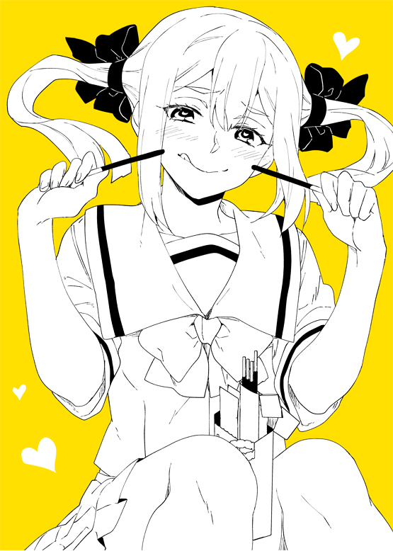ikuhashi muiko, koujiro frau, robotics;notes, science adventure, 1girl, black ribbon, blush, bow, chuo tanegashima high school uniform, collarbone, food, hair between eyes, hair bow, hair ornament, hair ribbon, holding, holding food, holding pocky, holding with thighs, long hair, looking at viewer, monochrome, pleated skirt, pocky, ribbon, sailor collar, school uniform, shirt, short sleeves, simple background, skirt, smile, solo, tongue, tongue out, twintails, yellow background