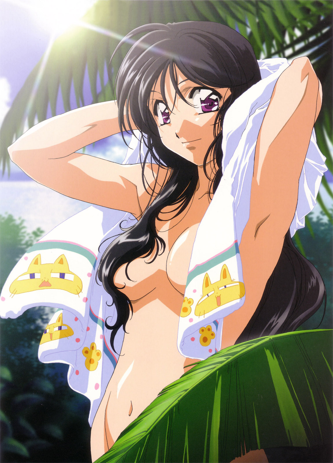 nakajima atsuko, kobayakawa miyuki, taiho shichauzo, highres, 1990s (style), 1girl, ahoge, armpits, arms behind head, arms up, black hair, breasts, cat, censored, cloud, convenient censoring, day, female focus, hair censor, hair over breasts, hair over one breast, leaf, long hair, looking at viewer, medium breasts, navel, nude, nudist, outdoors, palm tree, purple eyes, retro artstyle, sky, smile, solo, towel, tree, water, zenra