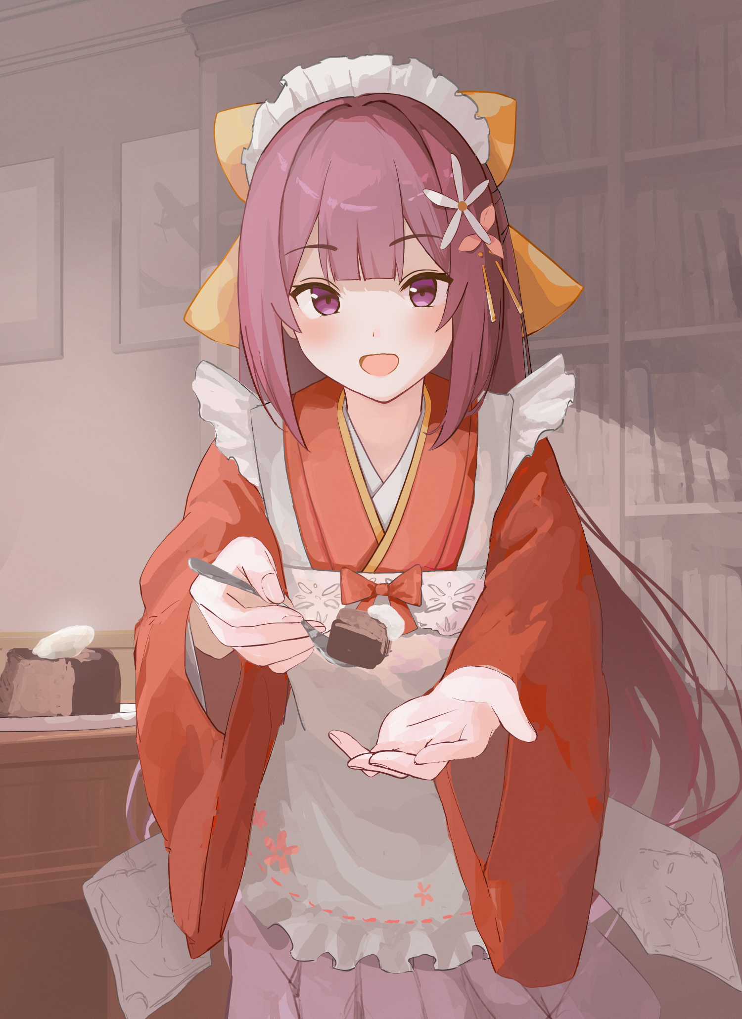 yuu+, kamikaze (kancolle), kamikaze (valentine) (kancolle), kantai collection, highres, 1girl, :d, alternate costume, apron, bookshelf, bow, cake, cake slice, center-flap bangs, chiffon cake, chocolate, cowboy shot, enmaided, food, frilled apron, frills, holding, holding spoon, incoming food, indoors, japanese clothes, kimono, long hair, long sleeves, maid, maid apron, maid headdress, open mouth, purple eyes, purple hair, red kimono, smile, solo, spoon, wa maid, white apron, yellow bow
