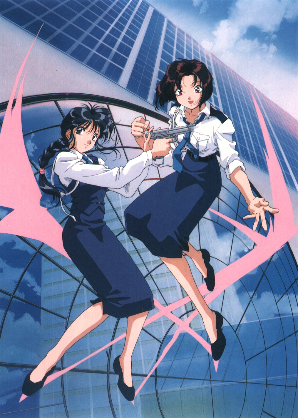 kobayakawa miyuki, tsujimoto natsumi, taiho shichauzo, highres, official art, 2girls, beretta 92, black hair, blue eyes, braid, brown hair, cover, dvd cover, finger on trigger, gun, handgun, japan national police, multiple girls, pencil skirt, pistol, police, police uniform, policewoman, short hair, skirt, sleeves rolled up, weapon
