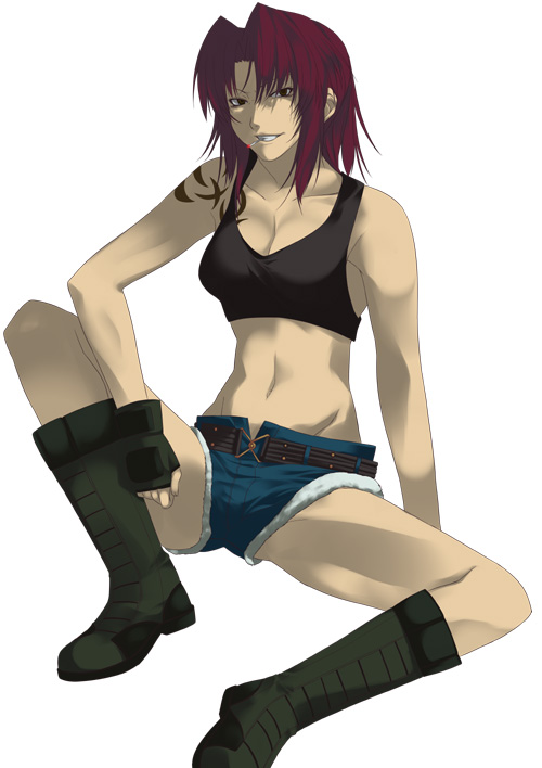 mizuki makoto, revy (black lagoon), black lagoon, 00s, 1girl, belt, boots, bra, brown eyes, brown hair, cigarette, denim, denim shorts, female focus, lingerie, midriff, shaded face, short hair, shorts, shoulder tattoo, solo, sports bra, spread legs, tattoo, underwear