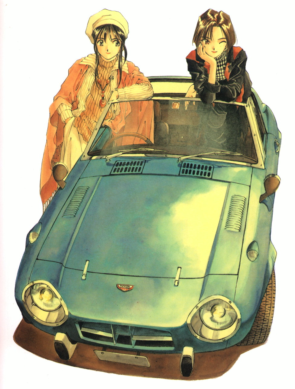 fujishima kousuke, kobayakawa miyuki, tsujimoto natsumi, taiho shichauzo, toyota, highres, official art, scan, 2girls, ;), alternate costume, arm support, black hair, brown hair, car, collared shirt, fringe trim, from above, grey eyes, hand in pocket, hand on own face, hat, head rest, jacket, jewelry, light smile, lipstick, long sleeves, looking at another, makeup, motor vehicle, multiple girls, necklace, one eye closed, open clothes, open jacket, open shirt, red eyes, ribbed sweater, shadow, shawl, shirt, short hair, sidelocks, simple background, smile, striped clothes, striped shirt, sweater, toyota 800, toyota sports 800, turtleneck, unbuttoned, vehicle focus, white background, wink