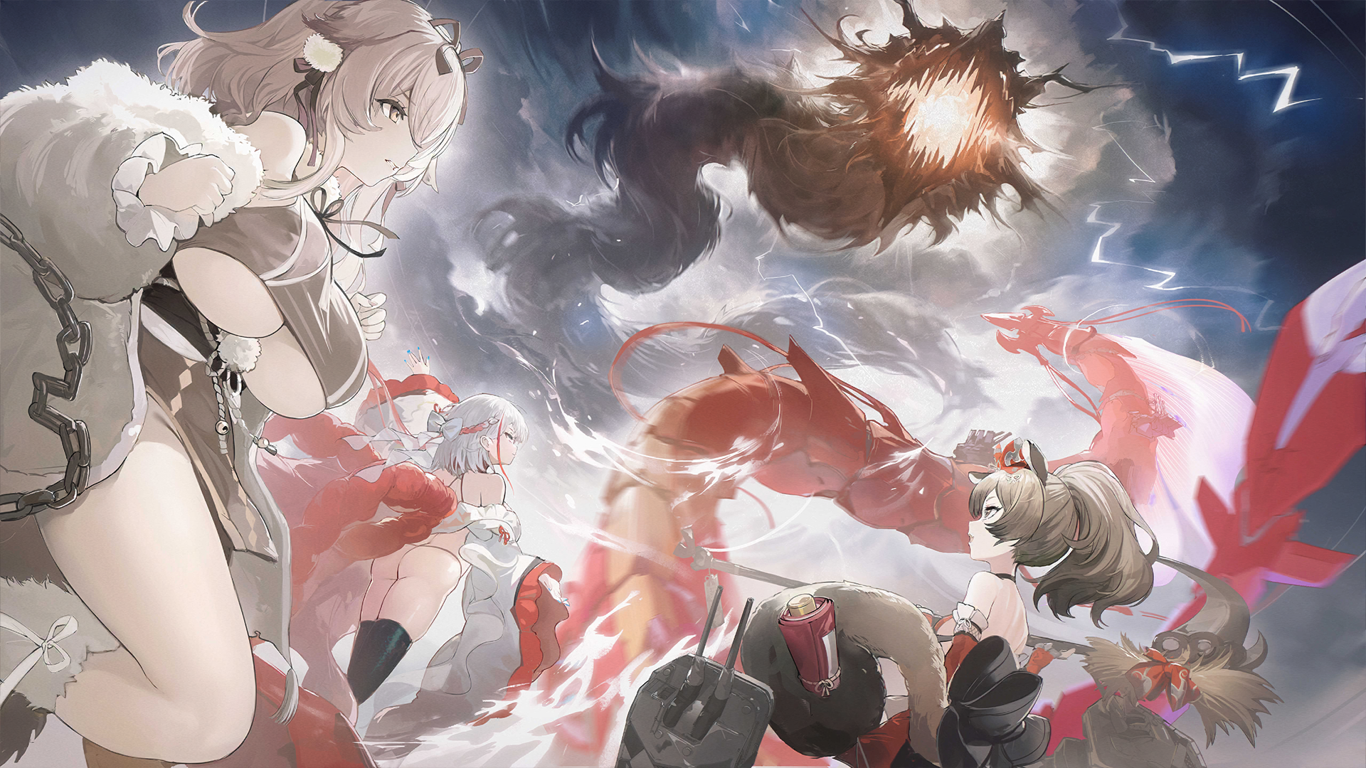 i-404 (azur lane), minase (azur lane), taekaze (azur lane), azur lane, game cg, highres, non-web source, 3girls, animal ears, breasts, chain, dress, fighting stance, fox ears, fox girl, fox tail, full body, fur collar, fur jacket, grey dress, jacket, japanese clothes, kouhaku nawa, large breasts, lightning, long sleeves, looking up, multiple girls, open mouth, penumbral x (azur lane), ponytail, rigging, rope, shimenawa, tail, white hair, yellow eyes