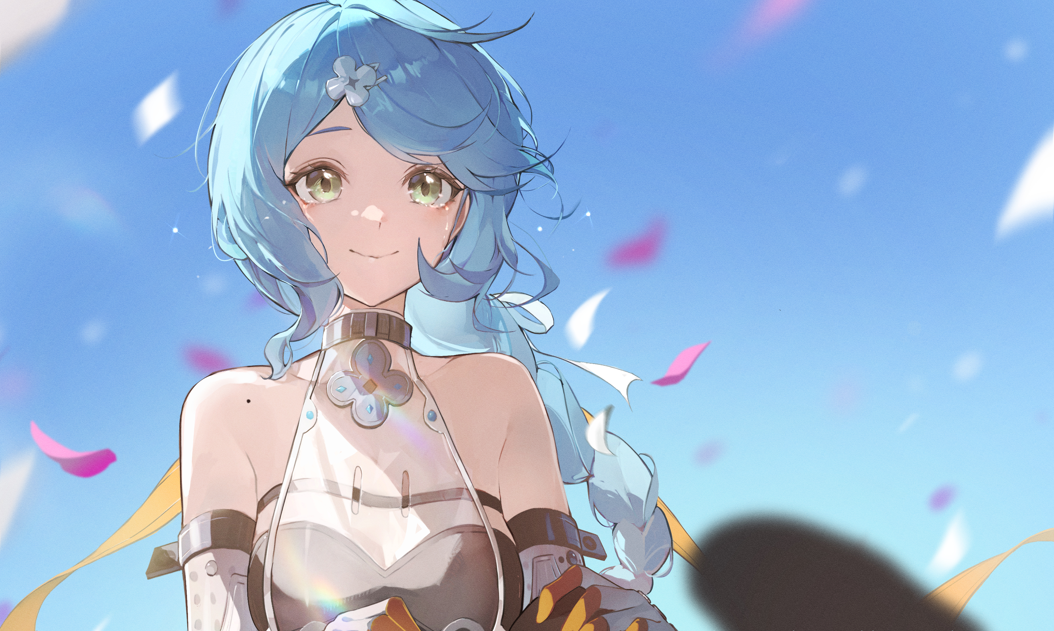 jiang zhuti jiojio, seed (zenless zone zero), zenless zone zero, absurdres, highres, 1girl, bare shoulders, blue hair, blue sky, braid, braided ponytail, breasts, closed mouth, day, green eyes, long hair, looking at viewer, medium breasts, mole, mole on shoulder, sky, smile, solo, tears, upper body