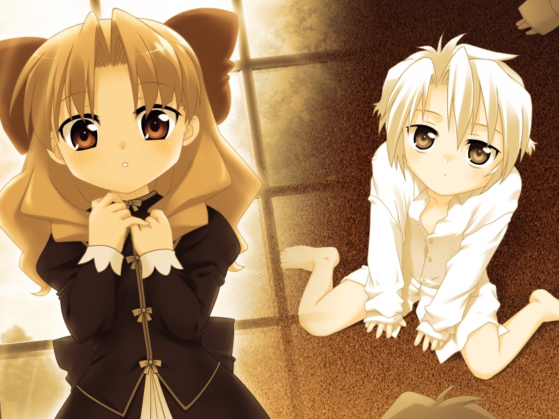 mizuki kotora, cahier, trendouji seika, wanko to kurasou, game cg, 1boy, 1girl, animal ears, barefoot, blonde hair, blush, bow, child, dog boy, dog ears, dress, feet, kaie (wanko), long hair, short hair, white hair