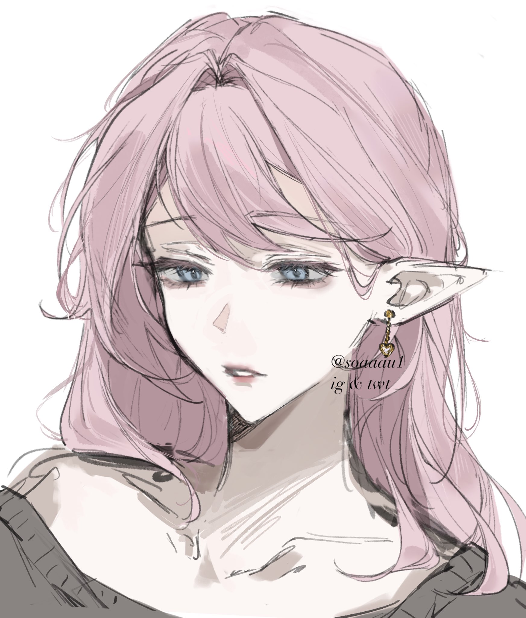 elysia (honkai impact), honkai (series), honkai impact 3rd, commentary, english commentary, highres, 1girl, alternate costume, bare shoulders, black sweater, blue eyes, earrings, elf, jewelry, long hair, parted lips, pink hair, pointy ears, simple background, soaaau1, solo, sweater, upper body, very long hair, white background