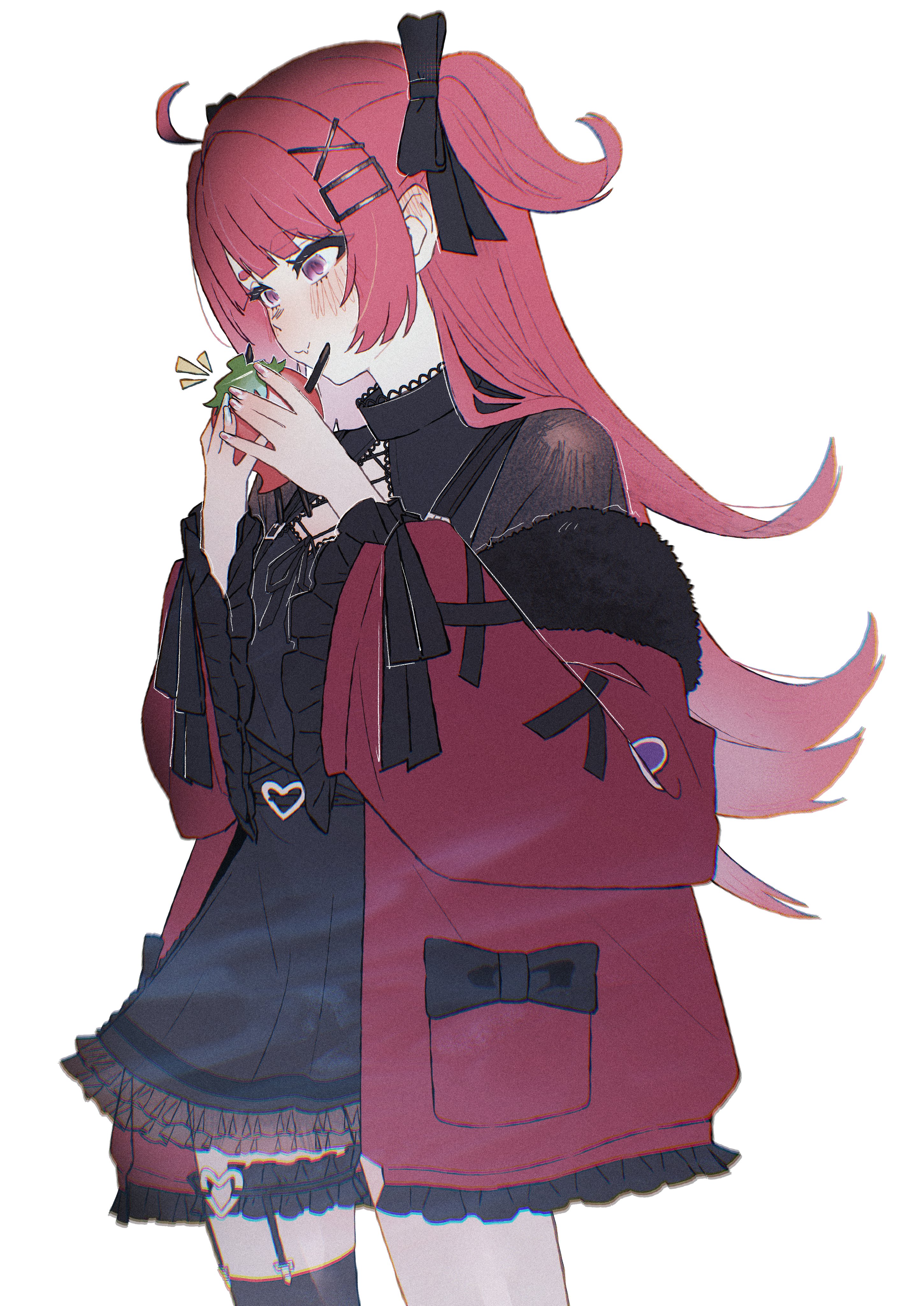 nezuko, indie virtual youtuber, absurdres, alt text, commentary, highres, 1girl, ahoge, black bow, black dress, black thighhighs, blue nails, blush, bow, chili pepper, cleavage cutout, closed mouth, clothing cutout, contrapposto, cowboy shot, cross-laced clothes, cross-laced sleeves, dress, ear blush, fang, fingernails, food, frilled dress, frilled jacket, frilled thigh strap, frills, fur-trimmed jacket, fur trim, garter straps, hair bow, hair intakes, hair ornament, heart, holding, holding food, jacket, long hair, long sleeves, looking down, multicolored nails, nail polish, notice lines, o-ring, o-ring thigh strap, off shoulder, open clothes, open jacket, pirikara (vtuber), purple eyes, red hair, red jacket, red nails, short dress, simple background, single thighhigh, skin fang, smile, solo, standing, thick eyebrows, thigh strap, thighhighs, two side up, virtual youtuber, white background, wide sleeves, x hair ornament